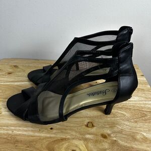 Statutes Dinah Black Mesh Kitten Heels Womens Size 12M Open Toe Zip Back Sandals